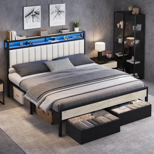 Miniatura 15 de AMERLIFE Base de cama individual con luz LED y 2 cajones de almacenamiento, plataforma de metal con cabecera de almacenamiento, tapizada