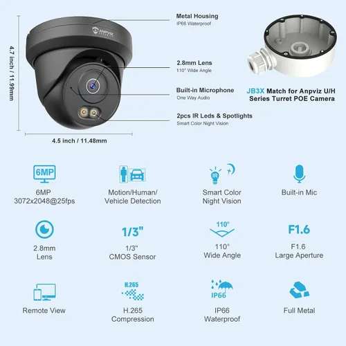 Miniatura 9 de Anpviz Cámara IP PoE de 6 MP color negro, 3K Full Metal Torreta Cámara IP de seguridad con cable para exteriores, visión nocturna inteligente
