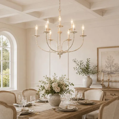 Miniatura 2 de Maxax Candelabro de Campo Francés, Candelabro de Granja Blanco Antiguo de 2 Niveles y 9 Luces, Accesorios de Lámpara Colgante de Vela Rústica de 31
