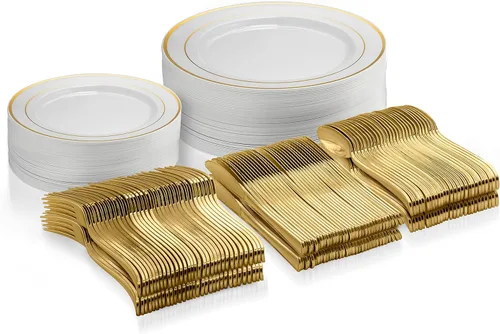 Juego de vajilla dorada de 125 piezas, 50 platos de plástico con borde dorado, 25 platos de cena, 25 platos de postre, 25 cuchillos, 25 tenedores,