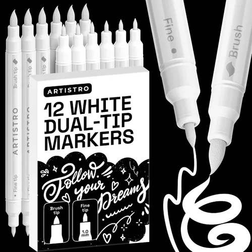 Miniatura 40 de ARTISTRO 5 marcadores de pintura acrílica negra, bolígrafos de pintura de doble punta + pincel fino ideal para caligrafía, perfectos para tela