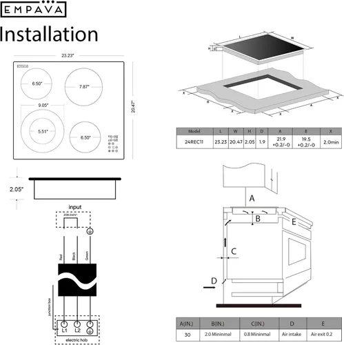 Miniatura 6 de Empava Cocina eléctrica de 24 pulgadas, 4 quemadores con zona de doble anillo, temporizador, bloqueo para niños, parar y continuar, vidrio cerámico