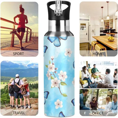 Miniatura 5 de Blue Butterflies Cherry Blossoms Insulated Stainless Steel Water Bottle with Straw 20 Oz, BPA-Free Sports Water Bottle Leakproof Water Bottles