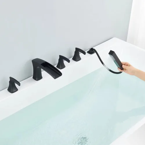 Miniatura 6 de Grifo de bañera romana, grifo de bañera en cascada, grifo de bañera negro de montaje en cubierta, 5 agujeros, grifos de baño de latón con ducha