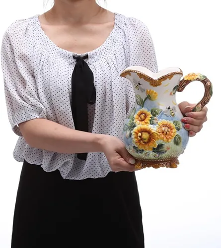 Miniatura 5 de Jarra de agua grande de cerámica, pintada a mano, girasol y abeja, decoración del hogar de 8.7 pulgadas de alto, ramo de agujero (amarillo)
