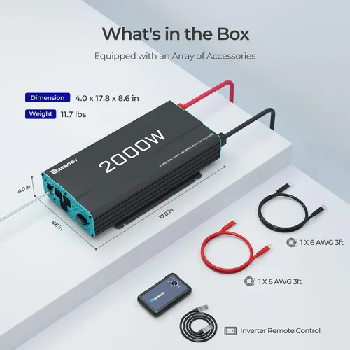 Miniatura 8 de Renogy Inversor P2 de onda sinusoidal pura de 2000W, convertidor de 12V CC a 110V CA, inversores de energía solar fuera de la red para vehículos