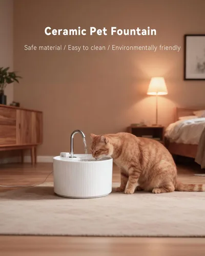 Miniatura 2 de Fuente de agua de cerámica para gatos, fuentes para gatos de 2.2 L/74 onzas para beber en interiores, fuente de agua para mascotas con bomba ultra