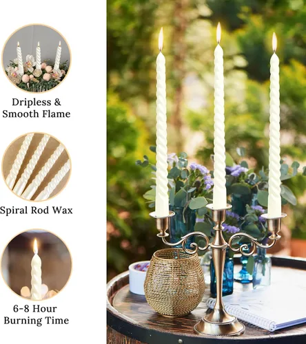 Miniatura 6 de Juego de velas cónicas en espiral de color blanco metálico de 10 pulgadas para decoración navideña, paquete de 12 velas trenzadas sin perfume, velas