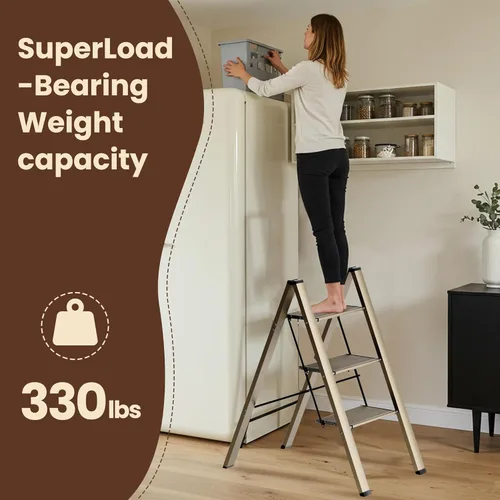 Miniatura 5 de FlyGeneral Escalera de 3 escalones, taburete plegable de escalera, dorado, peldaños antideslizantes más anchos y mejorados, escalera portátil ligera
