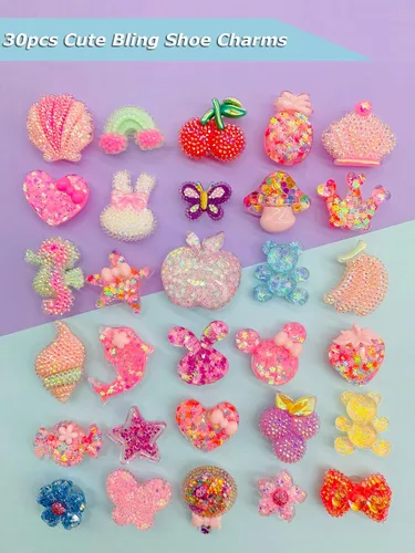 Miniatura 5 de Coio 30 dijes brillantes para zapatos de niñas de resina dura para crock Bubble Slides sandalias zuecos de color rosa lindos zapatos decoraciones