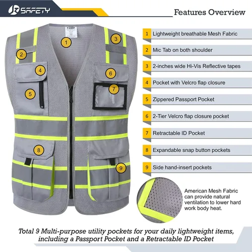 Miniatura 3 de JKSafety - Chaleco reflectante de seguridad de alta visibilidad con 9 bolsillos de malla para hombres y mujeres Cremallera frontal Múltiples