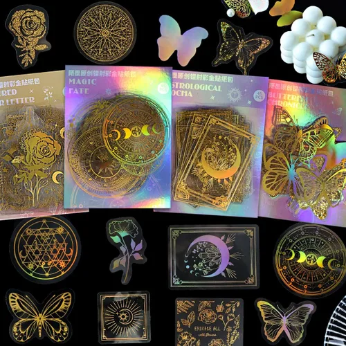 Miniatura 8 de YASMEN Paquete de 45 calcomanías para niños, paquete de calcomanías de astrología doradas transparentes, calcomanías de resina, kits de manualidades