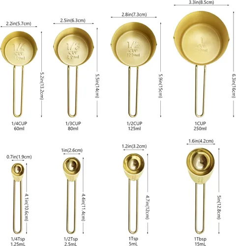 Miniatura 2 de Juego de 8 tazas y cucharas medidoras doradas de acero inoxidable, 4 tazas medidoras y 4 cucharas medidoras para cocinar Dorado