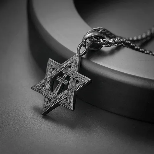 Miniatura 74 de U7 - Collar con Estrella de David para hombres y mujeres, dije hexagonal de acero inoxidable con cruz/piedra de rubí/collares clásicos judíos