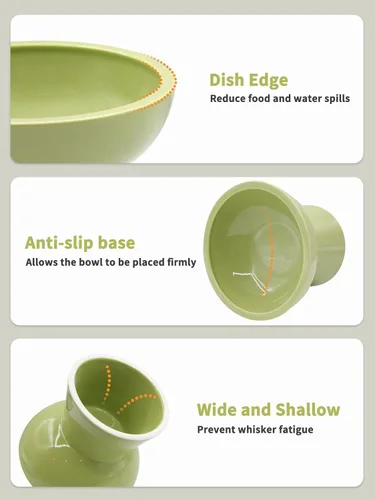 Miniatura 4 de LoeJan Juego de cuencos elevados de comida y agua para gatos, comedero de cerámica extra ancho y elevado, cuenco de alimentación a presión Verde