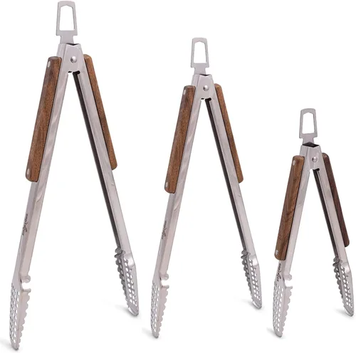 Miniatura 22 de Pinzas para barbacoa de acero inoxidable 18/0 de 9 pulgadas con mango ergonómico de madera de roble real para cocinar, accesorio duradero
