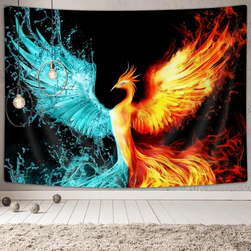 DYNH Tapiz de Fénix de fantasía, hielo de agua y fuego, animal fénix, para colgar en la pared para dormitorio, tapiz estético para hombres, manta de