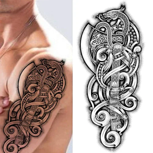 Miniatura 6 de 2 tatuajes temporales con hacha vikinga, dragón, nórdico, palo negro, tribal, bárbaro, celta, guerrero, en el cuerpo, pegatina de transferencia
