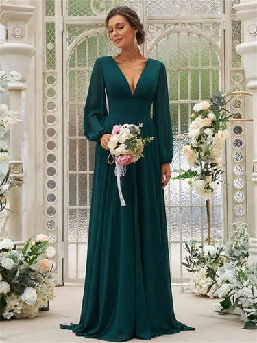 Miniatura 3 de PINMJEE Vestidos de dama de honor de gasa con cuello en V y manga larga para mujer