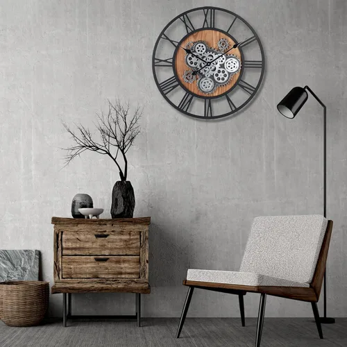 Miniatura 4 de Lafocuse Reloj de pared de engranaje móvil real de 23 pulgadas, reloj de pared grande de madera Steampunk para decoración de sala de estar