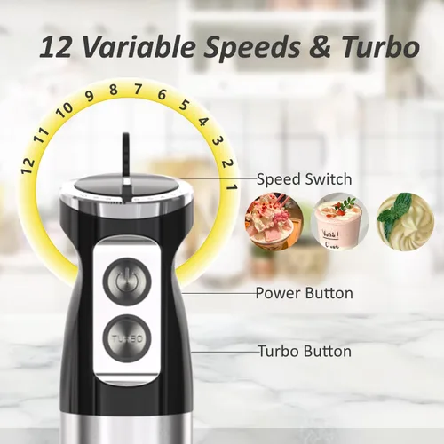 Miniatura 5 de Batidora de inmersión de mano, 1000 W de acero inoxidable, batidora de palo, mezclador con cable de 2 velocidades, incluye batidor, espumador