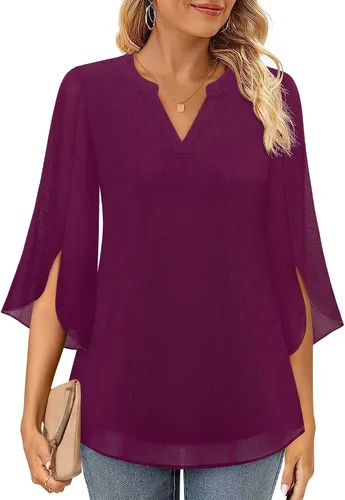 Miniatura 2 de Timeson Blusa de gasa de manga 34 para mujer, cuello en V, túnica elegante