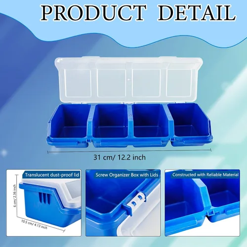 Miniatura 2 de Caja organizadora de tornillos de 8 piezas, caja de piezas de tornillo con 4 compartimentos, tapa translúcida, contenedores de herramientas