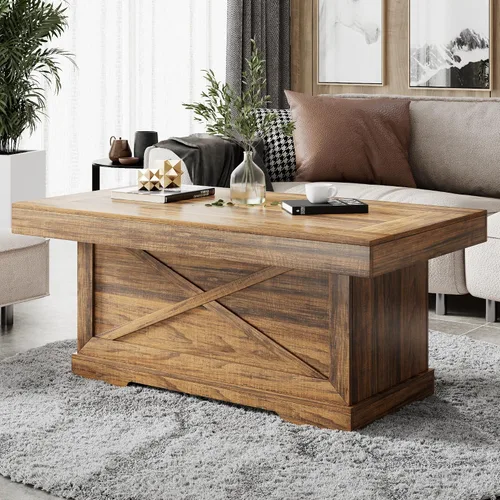 Miniatura 8 de Mesa de café Lareth 39 pulg. Mesa de centro rústica con pedestal de madera en X para sala de estar, ahorro de espacio, mesa de té de diseño