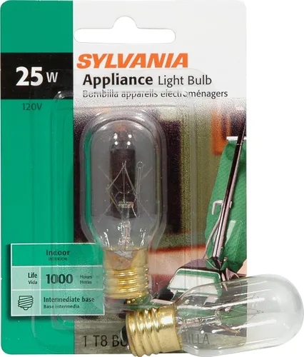 Sylvania - Bombilla incandescente T8 de 25 vatios para electrodomésticos, bombilla incandescente para refrigerador y microondas, base intermedia E17