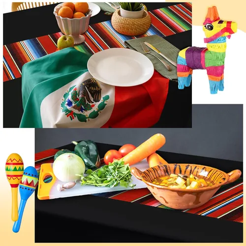 Miniatura 6 de Hosuly Mantel de plástico para fiesta mexicana, 6 unidades, 54 x 108 pulgadas, mantel de plástico a rayas para decoración de fiesta mexicana