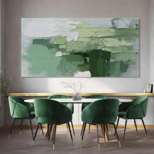 Miniatura 4 de SHEYOYE Lienzo abstracto de montaña gris azul y gris pardo con colinas verde oliva, 32 x 71 pulgadas, decoración de paisaje con textura grande