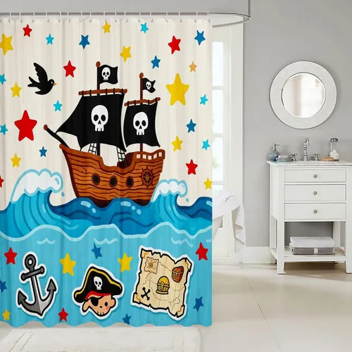 Miniatura 2 de Cortina de ducha de barco pirata de dibujos animados, 72 pulgadas de ancho x 72 pulgadas de largo, bonito sombrero pirata, bandera de calavera