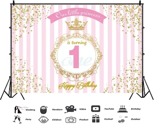 Miniatura 2 de Leyiyi Fondo de fondo de 1.er cumpleaños de princesa real de 5 x 3 pies, pancarta de rayas rosas y blancas, corona de lujo, fondo de día B, manchas