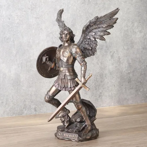 Miniatura 3 de San Miguel de 12.75 pulgadas de pie en el demonio con la estatua de espada y escudo