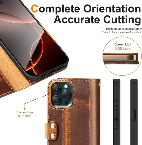 Miniatura 7 de Funda de cuero compatible con iPhone 16 Pro Wallet de 6.3 pulgadas, protección completa de piel auténtica a prueba de golpes, funda abatible