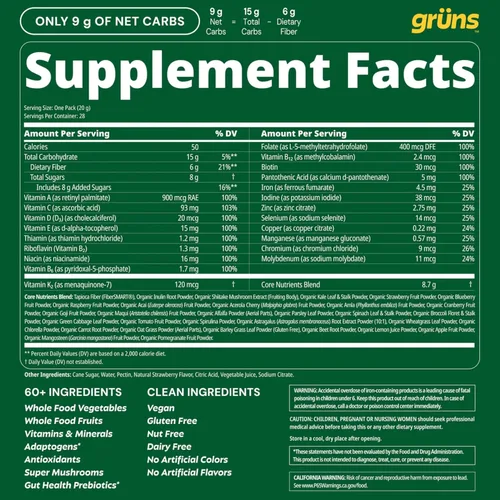 Miniatura 9 de Gruns - Gomitas multivitamínicas Super Greens para adultos, superalimento de vitaminas con espirulina, clorella, fibra prebiótica para la salud
