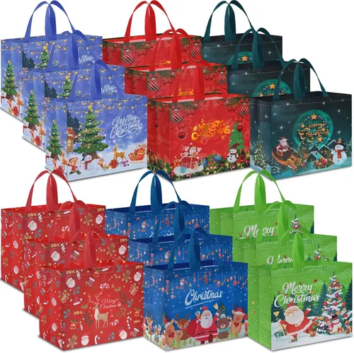 Miniatura 8 de AhfuLife 12 piezas bolsas de regalo de Navidad extra grandes, 15.7'' x 14.2'' x 5.9'', bolsas tipo tote de Navidad con asas, bolsa de compras A: 12