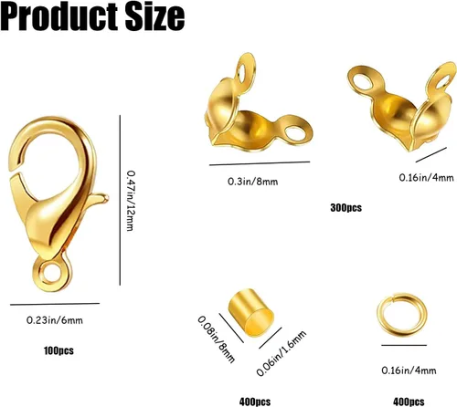 Miniatura 3 de Juego de 1200 accesorios para hacer joyas con 100 piezas de cierre de pinza de langosta, 300 puntas de cuentas, cubiertas de nudo, 400 cuentas