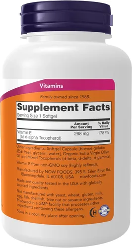 Miniatura 2 de NOW E-400 Vitamina E-400 UI MT Cápsulas Blandas con Tocoferoles Mixtos, 250 Cápsulas Blandas