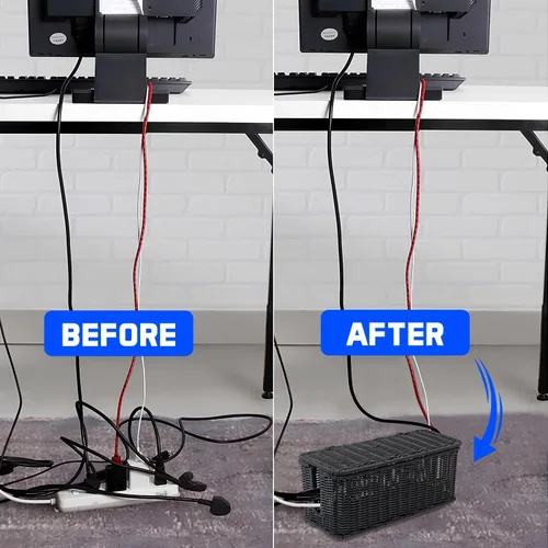 Miniatura 6 de Caja de organización de cables, organizador de cables de ratán hecho a mano con 2 ranuras abiertas, organizador de cables para regleta de Negro