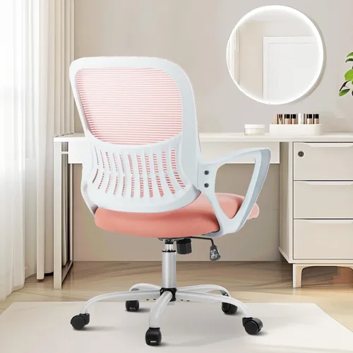 Miniatura 12 de Silla de oficina para computadora Sweetcrispy, silla ergonómica de malla con respaldo medio, giratoria, con ruedas, para trabajo, con soporte lumbar