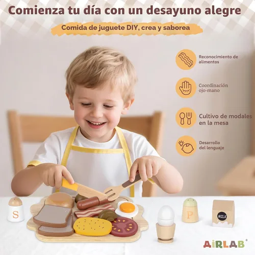 Miniatura 2 de Airlab - Comida de juguete para niños pequeños de 3 a 5 años, juego de cocina de simulación, juego de desayuno, alimentos para cortar, juguete