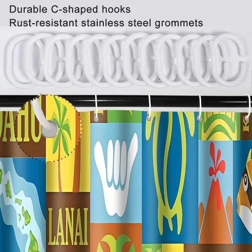 Miniatura 5 de Cortina de ducha hawaiana, retro hawaiano exótico Tiki cortinas de ducha de baño, juego de cortinas de baño con temática tropical Aloha con 6