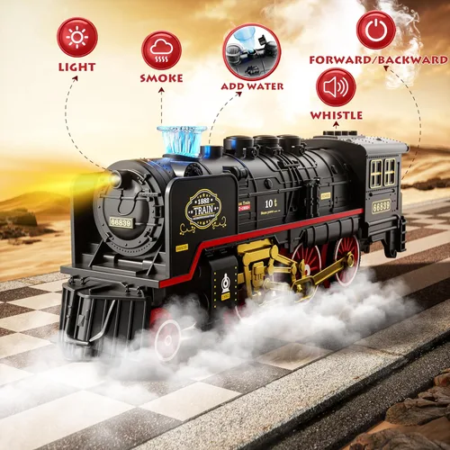 Miniatura 2 de Funwee Juguete de tren eléctrico con humo, luces y sonido, juego de tren para debajo del árbol de Navidad, modelo de tren de locomotora con pista