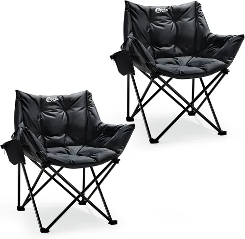 Portal Paquete de 2 sillas acolchadas de gran tamaño de 33 pulgadas, silla plegable resistente con portavasos y bolsillo lateral, soporta 350 Negro