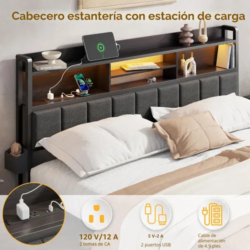 Miniatura 5 de Furnulem Base de cama King con cabecero de madera y cajones de almacenamiento, marcos de cama de plataforma de metal tamaño King con luces LED