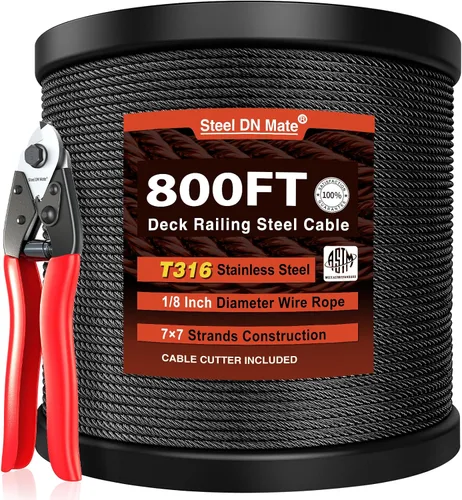 Miniatura 14 de Steel DN Mate Cuerda de alambre negro de 100 pies, cable de acero inoxidable de grado marino T316L de 1/8 pulgadas, 7 × 7 hebras para sistema