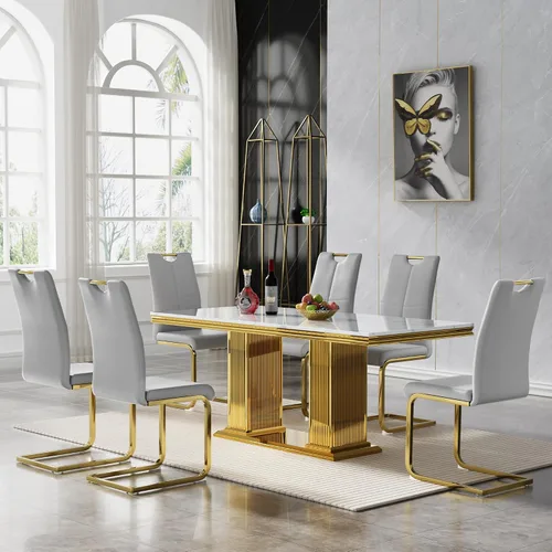Miniatura 38 de 5 Piece Black Marble Dining Table Set for 4, Modern Faux Marble Kitchen Dining Room Tables with 4 Leather Chairs Set, 68.11" Luxury Rectangular