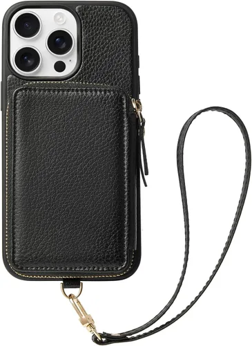 ZVE Funda tipo cartera para iPhone 15 Pro, funda de teléfono con tarjetero con correa para la muñeca con bloqueo RFID y cremallera de cuero para