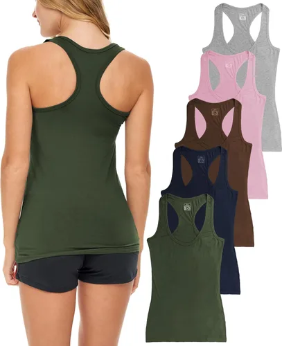 Miniatura 14 de Sexy Basics Paquete de 5 camisetas sin mangas PowerFlex con espalda nadadora para mujer / Camisetas sin mangas elásticas de algodón y elastano
